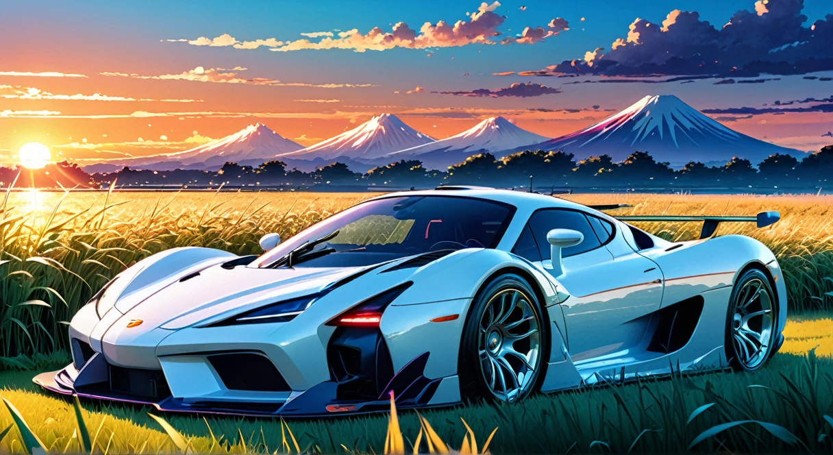 anime landscape of A pearl super Polar white color hyper car prototype sits in a field of tall grass with a sunset in the background.beautiful anime scene, beautiful anime peace scene, Makoto Shinkai Cyril Rolando, beautiful anime scene, amazing wallpaper, anime art wallpaper 8k, anime background, artistic anime background, anime wallpaper 4k, anime art 4k wallpaper, anime wallpaper art 4k.