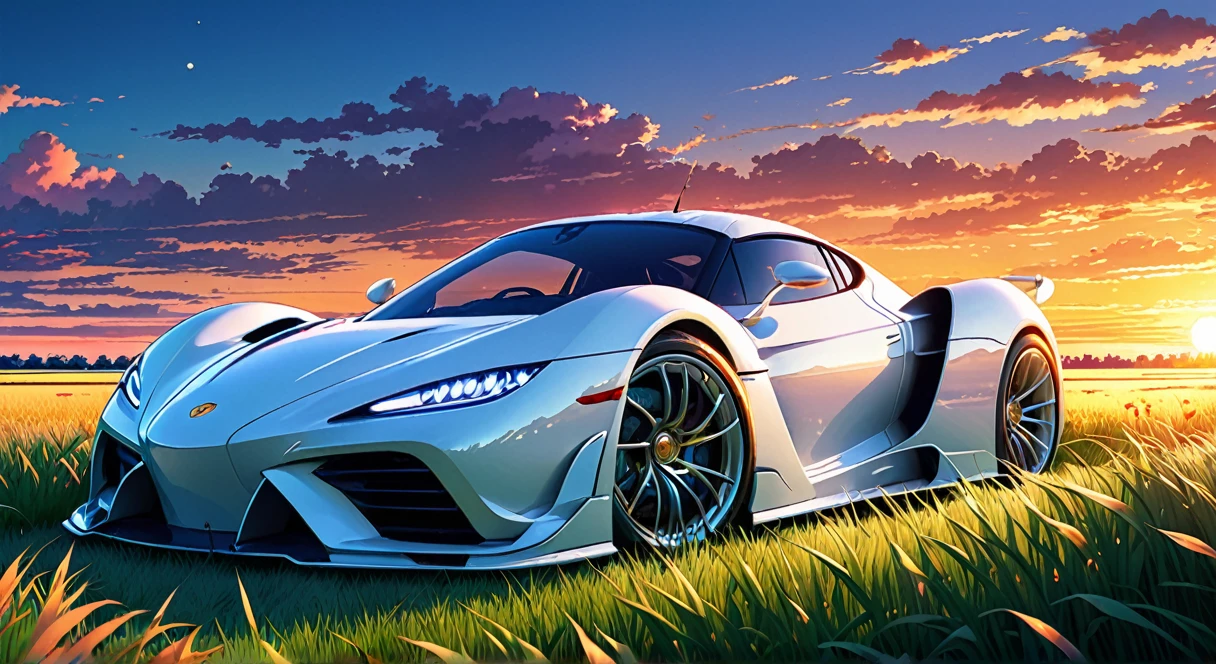 anime landscape of A pearl super Polar white color hyper car prototype sits in a field of tall grass with a sunset in the background.beautiful anime scene, beautiful anime peace scene, Makoto Shinkai Cyril Rolando, beautiful anime scene, amazing wallpaper, anime art wallpaper 8k, anime background, artistic anime background, anime wallpaper 4k, anime art 4k wallpaper, anime wallpaper art 4k.
