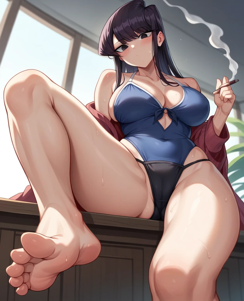artwork, high quality, a woman, beautiful, (Komi Shouko) long black hair, black eyes, big chest, Swimsuit, black panties, sitting on a chair, whole body, bare legs, barefoot, feet in front, humenando, View from below, barefoot, blowing smoke, and sweat, sole of the feet, five toes each foot, View from below, the sea and sand in the background