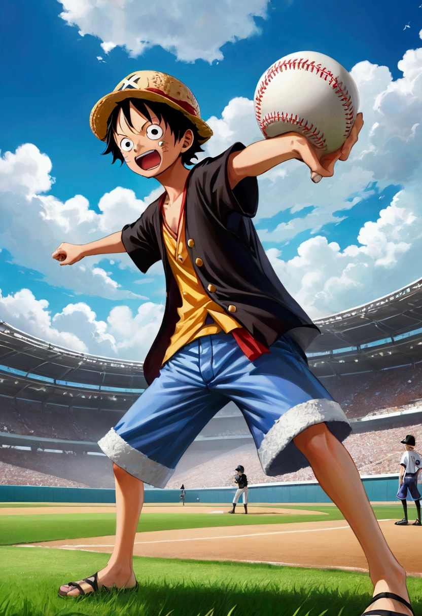 ONE PIECE(one piece)Monki D. Lufy as a baseball pitcher, One wears a straw hat、black hair、 with a determined expression,Pitching on a baseball field,Anime style、Dynamic action poses、Vibrant colors、High Detail、8K、Clear focus、3D Rendering、dynamic motion blur、Dramatic shadows、Atmospheric background、Blue sky and white clouds、Lush green grass field、Stadium in the background
