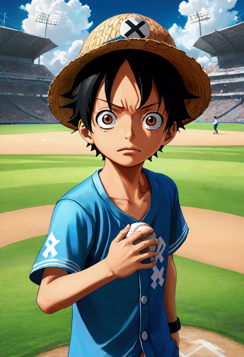 ONE PIECE(one piece)Monki D. Lufy as a baseball pitcher, One wears a straw hat、black hair、Little boy with a determined expression,Pitching on a baseball field,Anime style、Dynamic action poses、Vibrant colors、High Detail、8K、Clear focus、3D Rendering、dynamic motion blur、Dramatic shadows、Atmospheric background、Blue sky and white clouds、Lush green grass field、Stadium in the background
