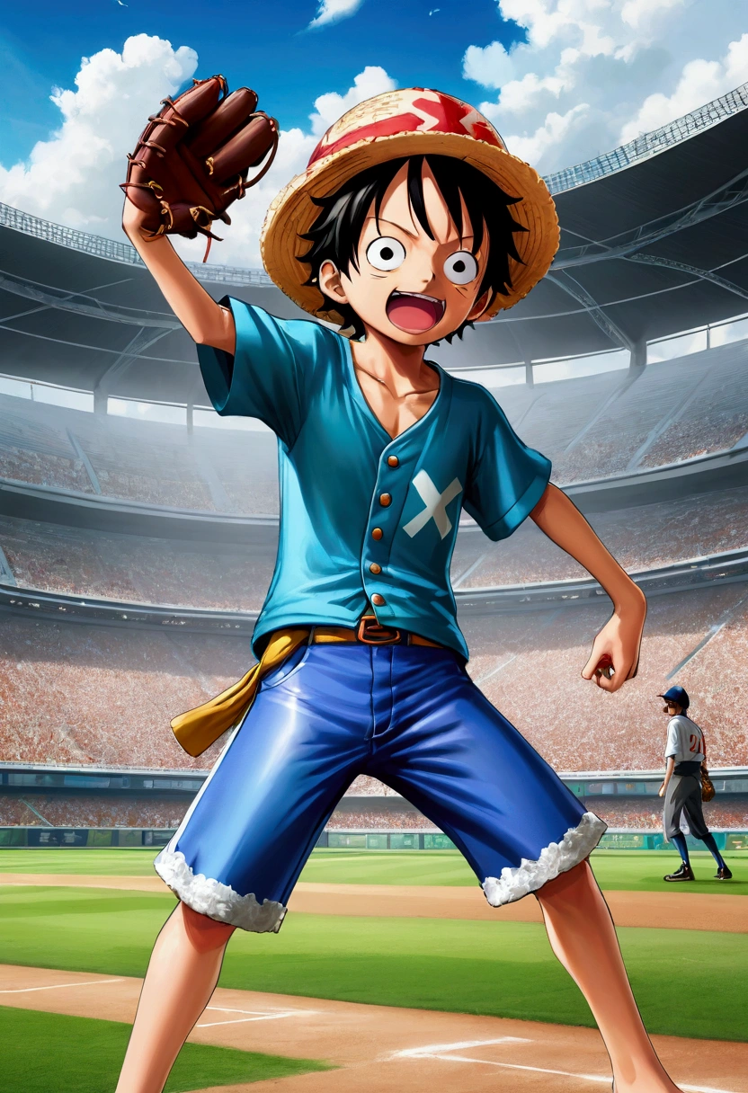 ONE PIECE(one piece)Monki D. Lufy as a baseball pitcher, One wears a straw hat、black hair、Little boy with a determined expression,Pitching on a baseball field,Anime style、Dynamic action poses、Vibrant colors、High Detail、8K、Clear focus、3D Rendering、dynamic motion blur、Dramatic shadows、Atmospheric background、Blue sky and white clouds、Lush green grass field、Stadium in the background