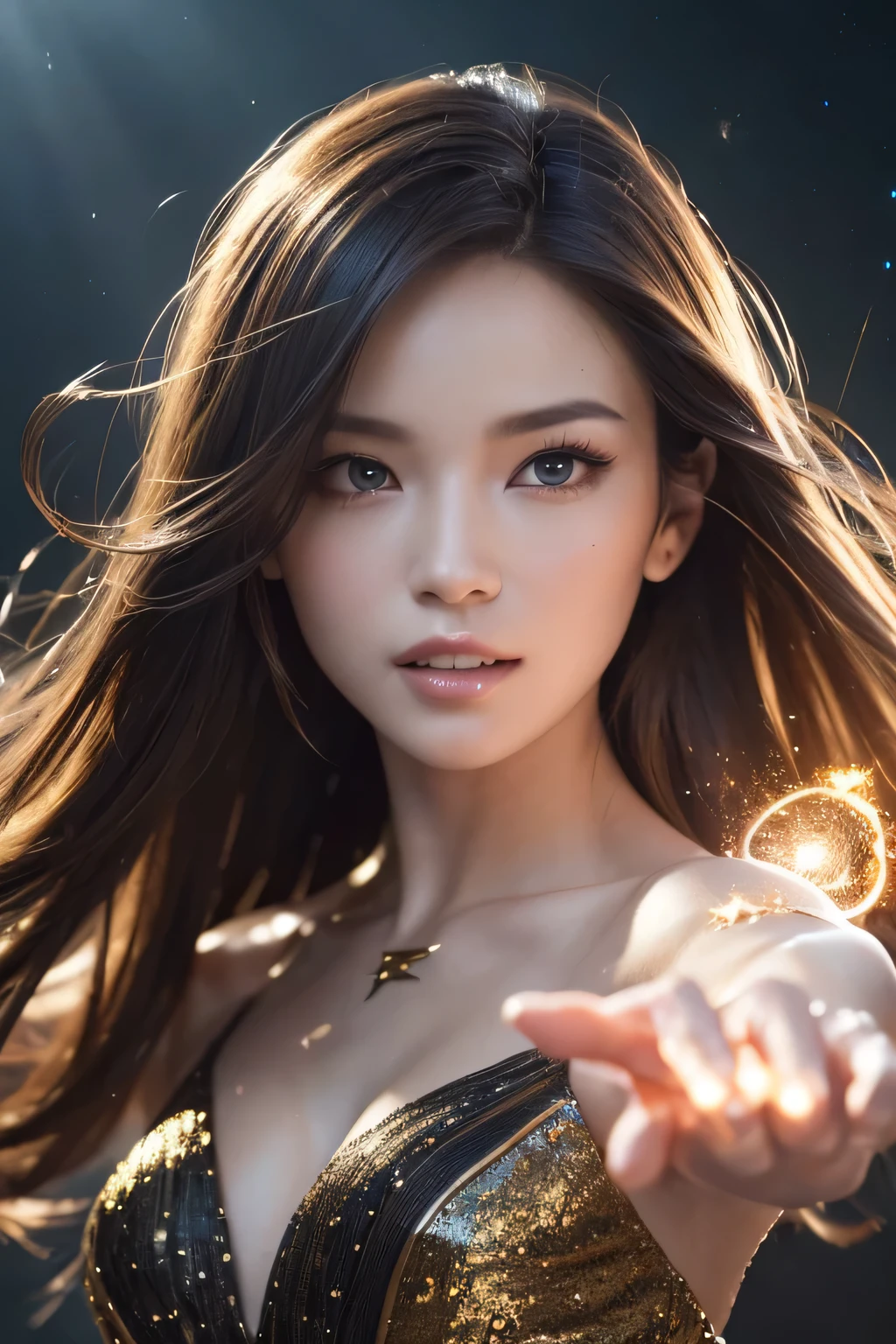 (Skin Dentition:1.5), Realistic, Realistic, (masterpiece:1.5), Concept Art, Intricate details, Very detailed, Realistic, Octane Rendering, 8K, Unreal Engine, Dynamic pose, Highest quality, High resolution, (Realistic Face:1.1), (Super realistic:1.1), ((full_body)), Perfect Eyes,(Light and smooth skin:1.2), (((Hairstyle))), (((Perfect hands))), (Very detailed background), ((Dynamic Background)), ((lightning)), (Light line), ((One girl)), Wearing a yellow dress, (((Sparkling))), ((Fine grain, High quality eyes, High quality face)), (Very complicated dress, Light), Long Hair, Sparkling、Light, electricity, God, , spark, cigarette, magic, ((dramatic)), amazing, Depth of written boundary, bokeh, 4K, Gothic, Human, particle