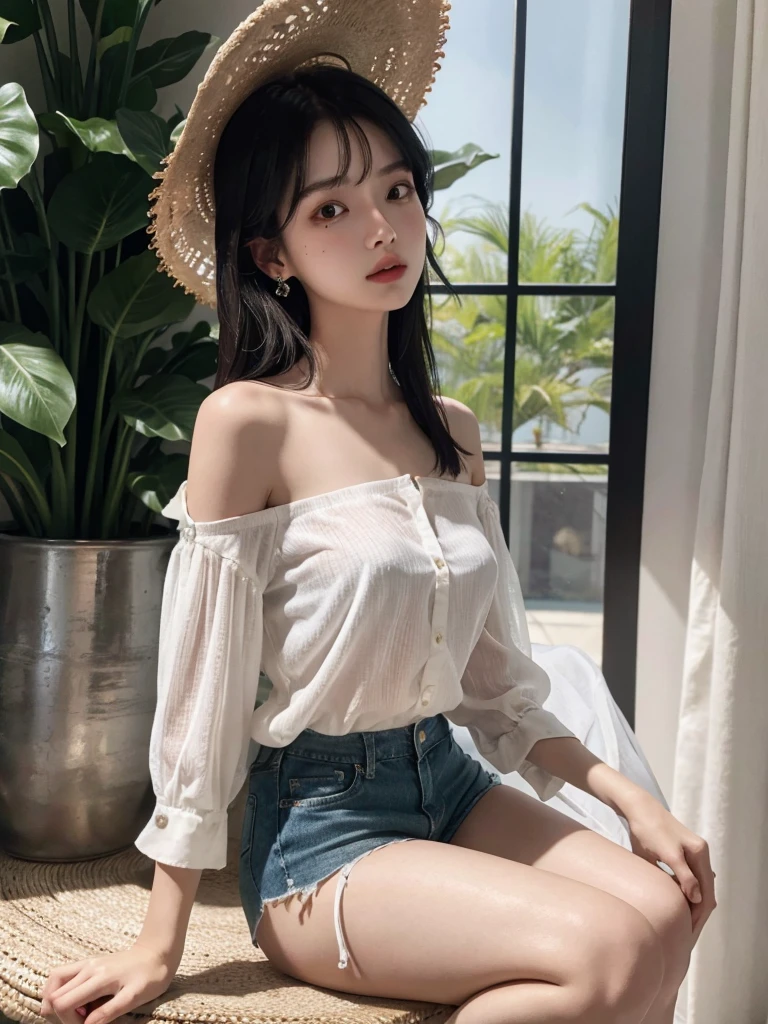 absurdres, RAW photo, extremely delicate and beautiful, masterpiece, Best Quality, ultra high resolution, 32k, hyperrealistic, ultra-detailed, perfect figure, Perfect Style, Perfect balance, in her 20s, very small head, very small face, delicate facial features, tearful mole, earring, very huge breasts, bare legs, full body shot, medium hair, black hair, colored inner hair, casual, blouse, white shirt, buttoned shirt, bare shoulders, collarbone, shorts, straw hat,