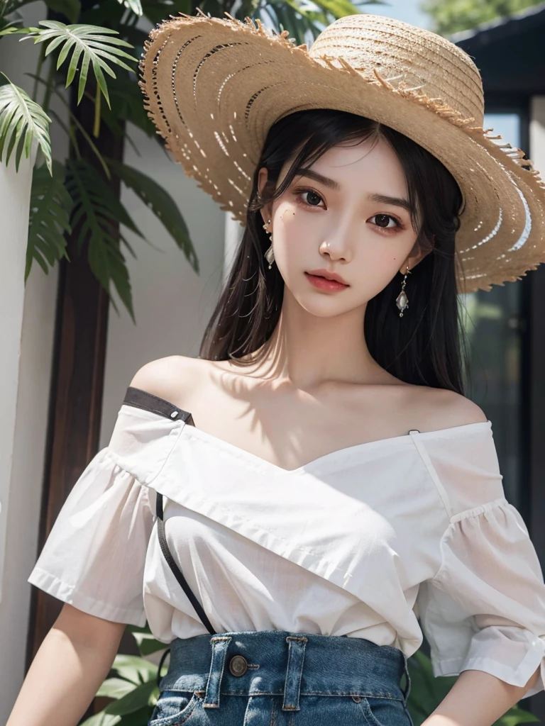 absurdres, RAW photo, extremely delicate and beautiful, masterpiece, Best Quality, ultra high resolution, 32k, hyperrealistic, ultra-detailed, perfect figure, Perfect Style, Perfect balance, in her 20s, very small head, very small face, delicate facial features, tearful mole, earring, (very huge round breasts:1.2), (full body shot:1.2), (whole legs:1.2), medium hair, wavy hair, outdoor, blouse, bare collarbone, skirt, straw hat,