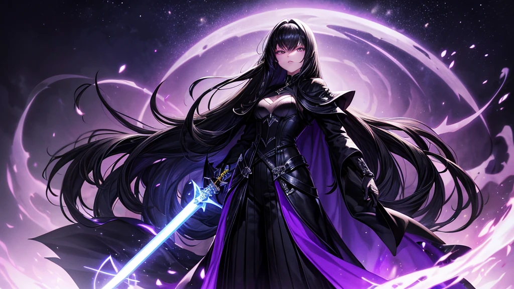 Physical characteristics: Hair: Long, shiny black, reaching to the middle of the back. I often let my hair spread out. Eyes: Deep purple, sparkling like stars on a dark night. Skin: Pale white but with a mysterious glow. Height: 170 centimeters Attire: Wears dark black robes decorated with ancient magic symbols. and wore black leather gloves weapon: Shadowblade: A long sword that glows with black light that can drain life from enemies and increase Miranda's power