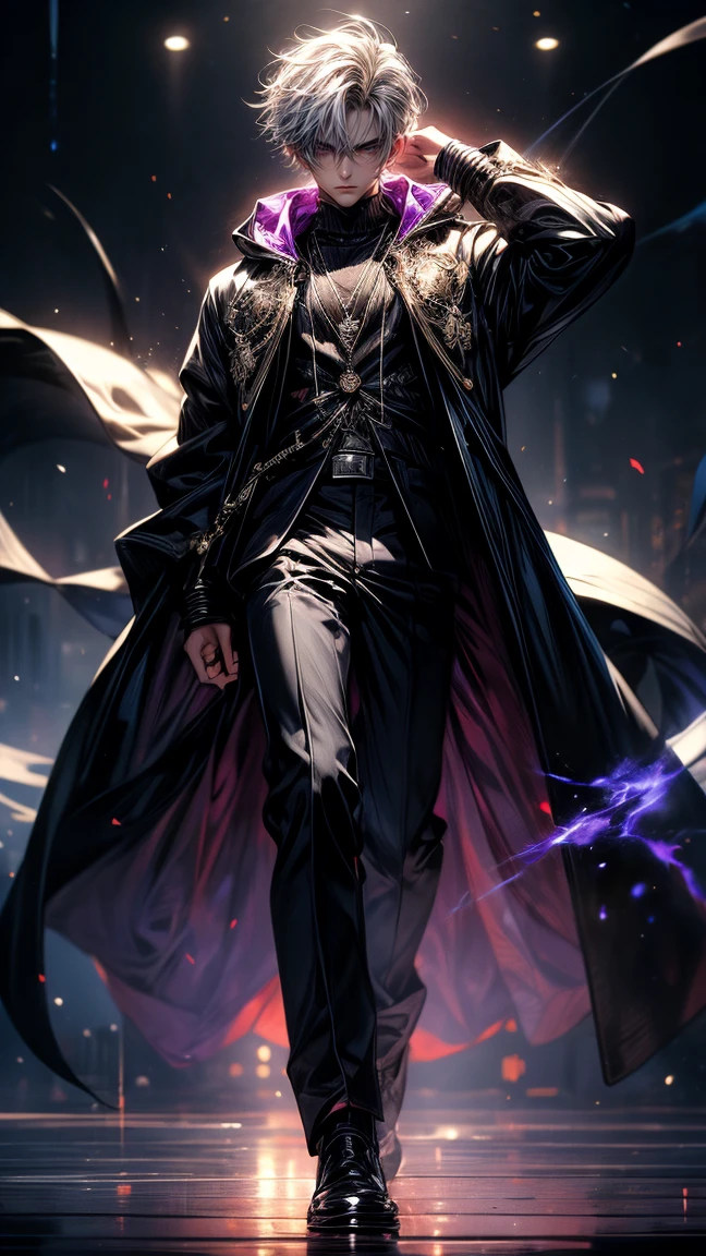Masterpiece, best quality, high resolution, highly detailed, handsome face, good looking face, ethereal appearance, 1 young boy ( teenager ), very young handsome face, white hair ( light in the hair), purple eyes ( glowing eyes ), cold expression ( unhappy expression ), wearing a black hoodie, and black pants, black watch, surrounded by the splendors of the universe, pay attention to stunning details, and achieve a resolution of 128k, floating in a dynamic pose, high quality, with a majestic aura of authority, full body.