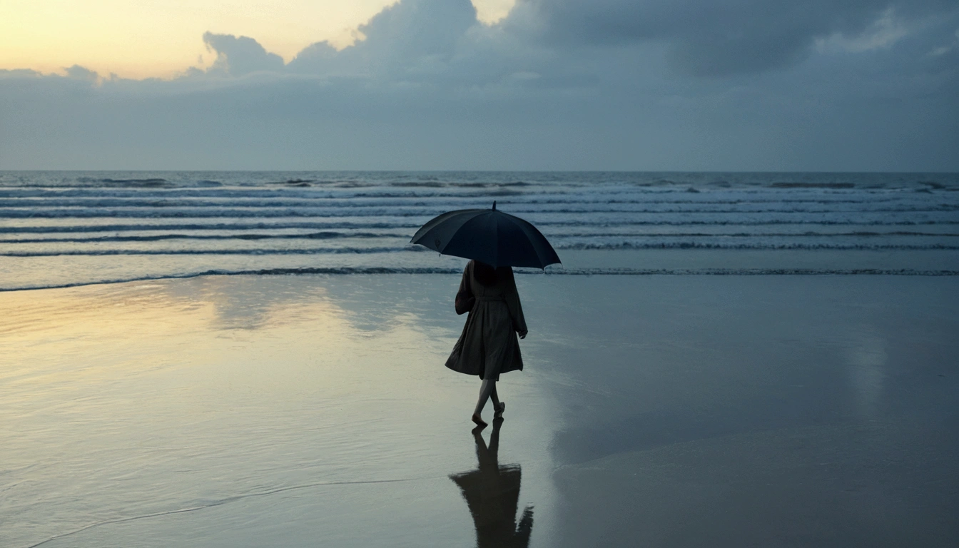 8K, Vivid picture quality, Vivid picture quality, long deserted beach, Woman with short and medium hair walking slowly in the distance, beautiful appearance, Female models, sunset의 붉은 빛, sunset, alone, afternoon, depressed, tide가 밀려온다, rain, black umbrella, ocean, tide, wind, Short and slim Korean woman, 잔잔한 tide