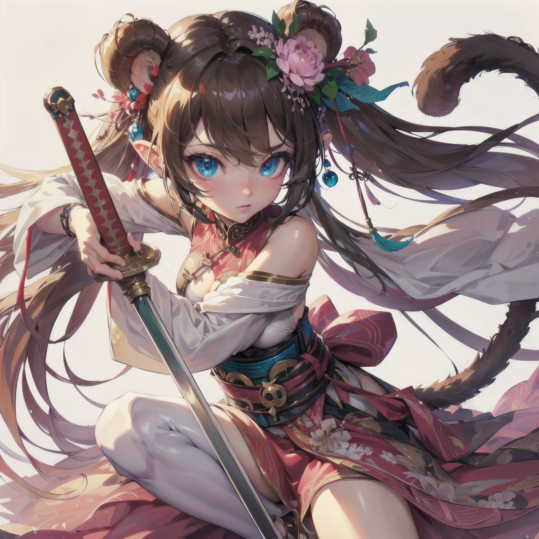  masterpiece, (textured skin), best quality, gorgeous beautiful girl, (a female 
monkey ears,monkey tail),,detailed clothes,large breasts,narrow waist,, (beautiful face), cinematic lighting, (fantasy anime art ),
