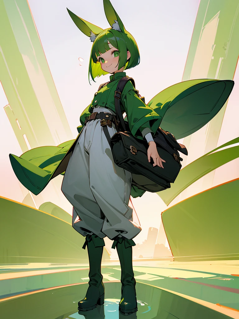 Green rabbit ears, green animal ears, a girl, bob cut, green hair, green eyes, look young, alone, short,  tiny, Lolita, childhood, smile, overall, wide pants ,belt, waist bag, waist pouch, kawaii, cute, long boots, full body shot, on the salt flat,