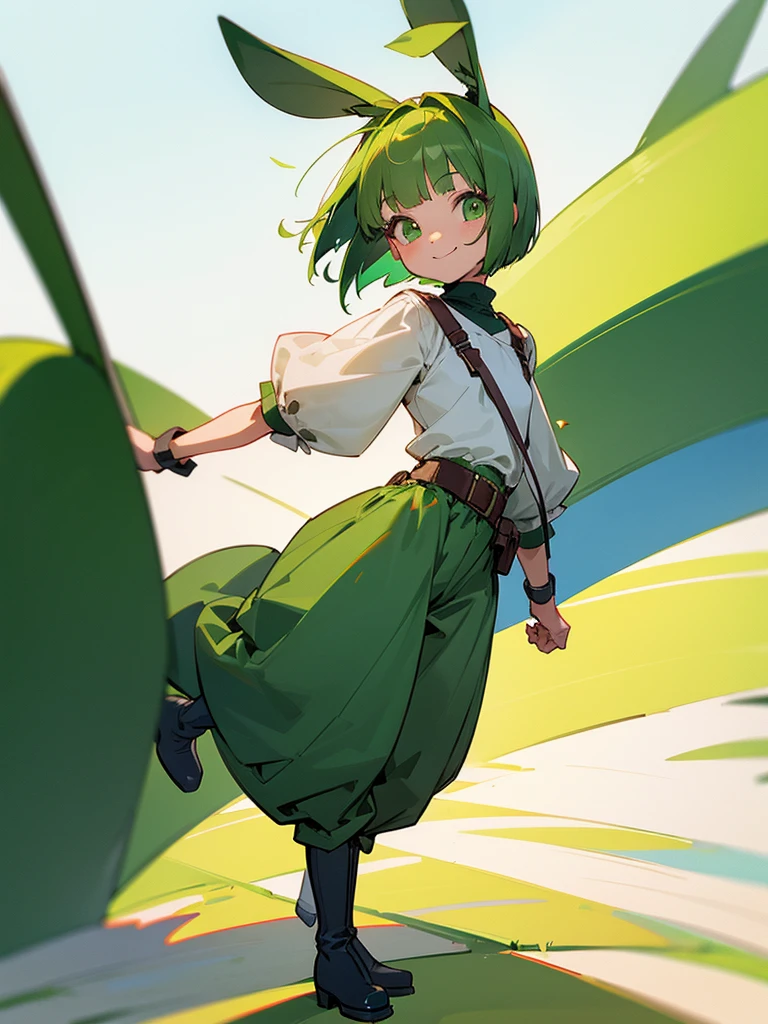 Green rabbit ears, green animal ears, a girl, bob cut, green hair, green eyes, look young, alone, short, tiny, Lolita, childhood, smile, overall, wide pants ,belt, waist bag, waist pouch, kawaii, cute, long boots, full body shot, on the salt flat,