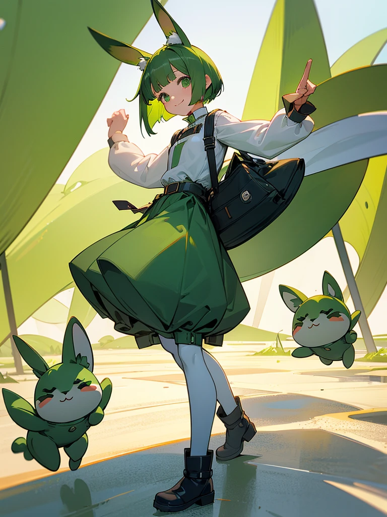Green rabbit ears, green animal ears, a girl, bob cut, green hair, green eyes, look young, alone, short, tiny, ta, childhood, smile, overall, wide pants ,belt, waist bag, waist pouch, kawaii, cute, long boots, full body shot, on the salt flat,
