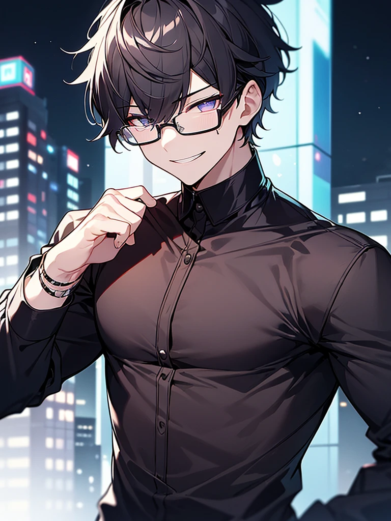 I have one photo:1.3、Close-up on upper body、Villain、Dark circles under the eyes、Black-rimmed glasseodern、Downtown at night、He has a bad appearance、Lean and muscular、Trimmed short-haired、A mean smile、White shirt、
