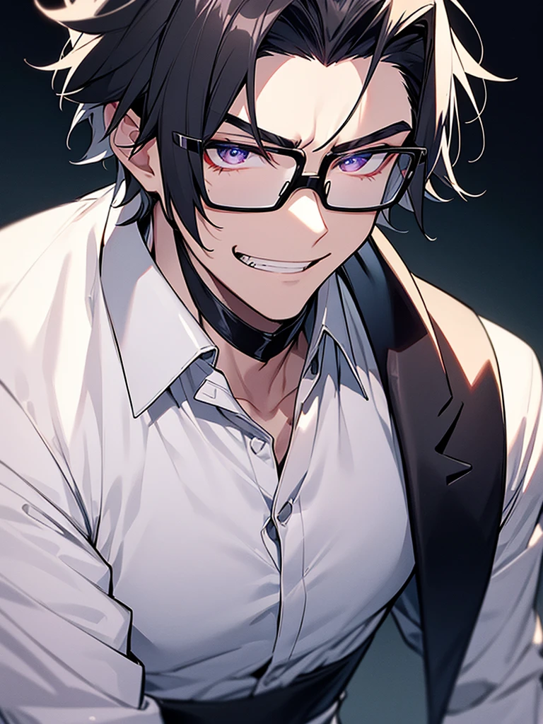 I have one photo:1.3、Close-up on upper body、Villain、Dark circles under the eyes、Black-rimmed glasseodern、Downtown at night、He has a bad appearance、Lean and muscular、Trimmed short-haired、A mean smile、White shirt、