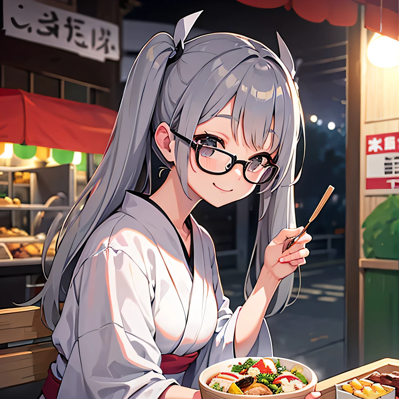 Glasses girl Twin tails bright Gray Hair Summer festival food stalls smile yukata