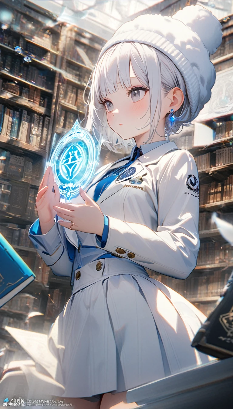 1girl,albino,snow white hair,white eyes,,white blazer with logo ,high waisted white skirt,perfect body, books,calm,white fluffy beanie,blue earrings,8k,high definition ,magic spell in the background forming a spiritual symbol,