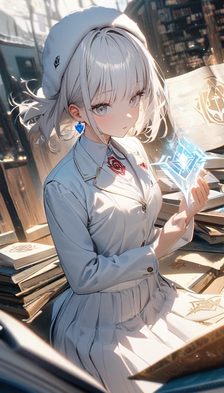 1girl,albino,snow white hair,white eyes,,white blazer with logo ,high waisted white skirt,perfect body, books,calm,white fluffy beanie,blue earrings,8k,high definition ,magic spell in the background forming a spiritual symbol,