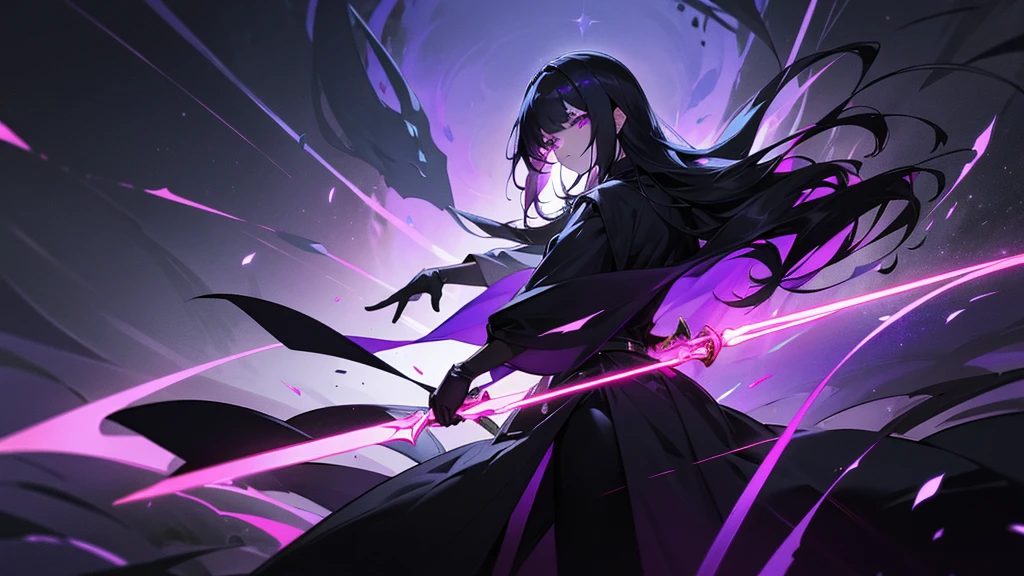 Physical characteristics: Hair: Long, shiny black, reaching to the middle of the back. I often let my hair spread out. Eyes: Deep purple, sparkling like stars on a dark night. Skin: Pale white but with a mysterious glow. Height: 170 centimeters Attire: Wears dark black robes decorated with ancient magic symbols. and wore black leather gloves weapon: Shadowblade: A long sword that glows with black light that can drain life from enemies and increase Miranda's power
