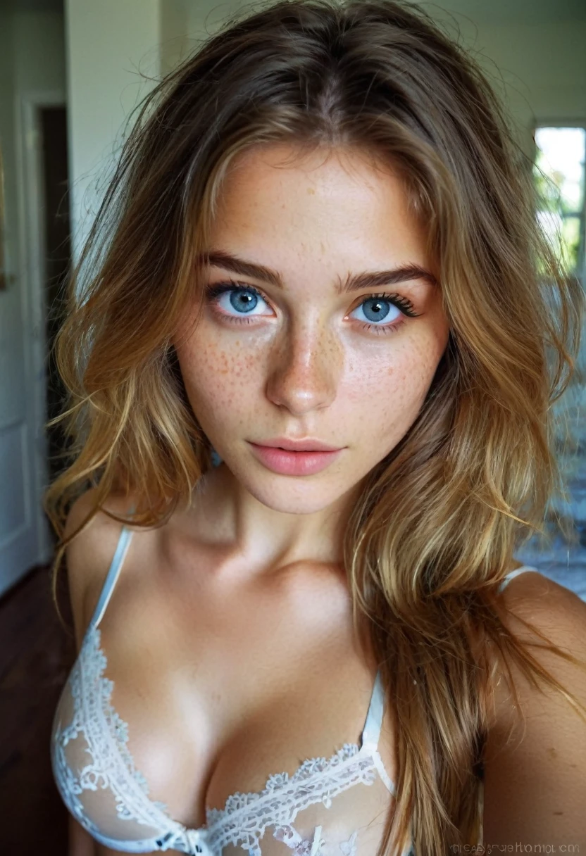Mirror selfie , a 19 year old gorgeous girl , slight smile , detailed skin face and eyes , natural lighting , at home , long hair, messy hair, see through lace bra, cleavage, film grain, low contrast, natural face , freckles , dark blonde hair , dark blue eyes, dark circles under eyes, sexy, nipples visible,