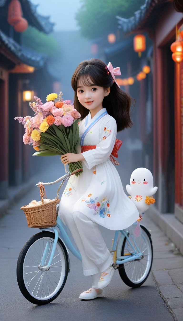 There is a girl riding a bicycle,holding a bouquet of flowers in hand, Cute cartoon character, Lovely digital art, Hungry Ghost Festival, Cute cartoon, Cartoon cute, Popular topics on cgstation, Lovely and detailed digital art, Lovely art style, cute and beautiful, Lovely digital painting, cute porcelain doll, Cute and cute, Lovely characters, Cute, colorful and adorable