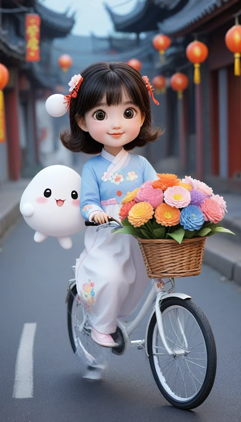 There is a girl riding a bicycle，holding a bouquet of flowers in hand, Cute cartoon character, Lovely digital art, Hungry Ghost Festival, Cute cartoon, Cartoon cute, Popular topics on cgstation, Lovely and detailed digital art, Lovely art style, cute and beautiful, Lovely digital painting, cute porcelain doll, Cute and cute, Lovely characters, Cute, colorful and adorable