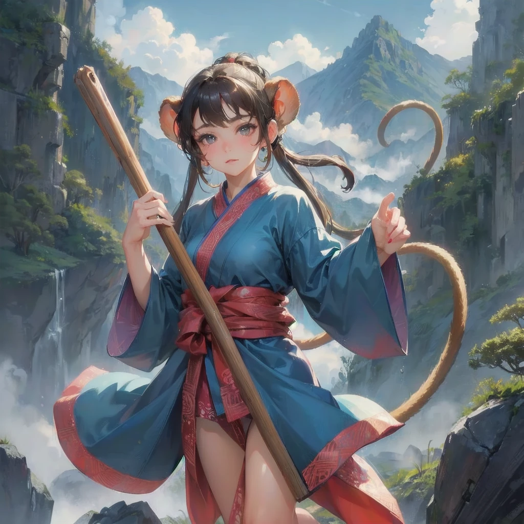 masterpiece, (textured skin), best quality, gorgeous beautiful girl, (a female
monkey ears,monkey tail),,detailed clothes,large breasts,narrow waist,, (beautiful face), cinematic lighting, (fantasy anime art ),