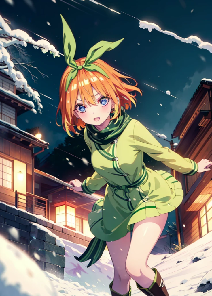 Yotsubanakano, Yotsuba Nakano, bangs, short hair, blue eyes, Hair between the eyes, hair ribbon, hair band, Orange Hair, (Green ribbon:1.5), smile,Green long coat,sweater,White scarf,Long skirt,Black pantyhose,short boots,It's snowing,Snow is piled up,Walking,whole bodyがイラストに入るように,
break ourdoors, Snow Country,
break looking at viewer, whole body,
break (masterpiece:1.2), Highest quality, High resolution, unity 8k wallpaper, (figure:0.8), (Beautiful attention to detail:1.6), Highly detailed face, Perfect lighting, Highly detailed CG, (Perfect hands, Perfect Anatomy),