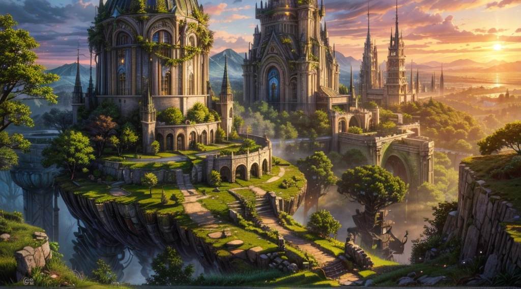 a wallpaper ultra wide angle, fantasy art, RPG art, (best Detailed: 1.5), (UHD: 1.5), (photorealistic: 1.4), mirkw00d, picture of an futuristic elven city built among the forest trees, a city of elves built in the forest, there are many houses built in the massive ancient forest woods, there are elven towers, a massive, elven fortress built on a hill near the city, fantasy elven forest background, sunset, the sun is setting down there are some clouds in the sky, best details, best quality, 16k, (ultra detailed: 1.5), masterpiece, best quality, (extremely detailed), ultra wide shot, photorealism, depth of field, hyper realistic