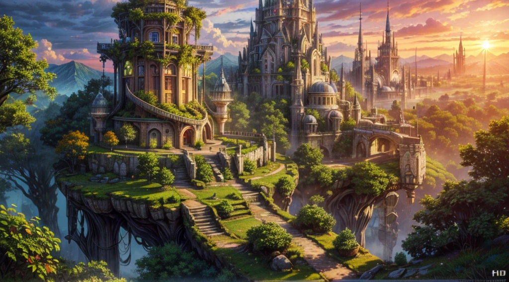 a wallpaper ultra wide angle, fantasy art, RPG art, (best Detailed: 1.5), (UHD: 1.5), (photorealistic: 1.4), mirkw00d, picture of an futuristic elven city built among the forest trees, a city of elves built in the forest, there are many houses built in the massive ancient forest woods, there are elven towers, a massive, elven fortress built on a hill near the city, fantasy elven forest background, sunset, the sun is setting down there are some clouds in the sky, best details, best quality, 16k, (ultra detailed: 1.5), masterpiece, best quality, (extremely detailed), ultra wide shot, photorealism, depth of field, hyper realistic