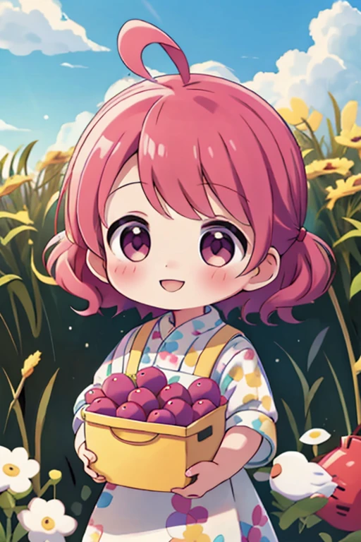 Girl、comical、head、それを見たGirlは笑った.Chibi Character　field　agriculture　Mulberry　smile　cute
