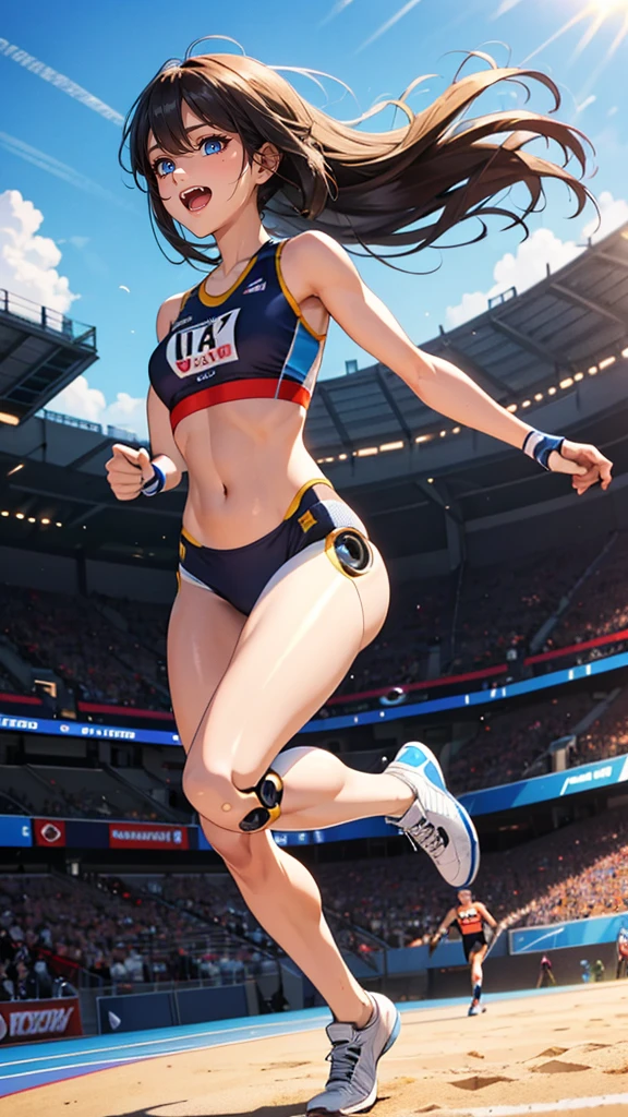 (best quality:1.3), Ultra Detailed, sharp focus, full color, (super fine-illustration:1.0), (correct anatomy, correct proportions:1.3),
(1 Humanoid Robot girl:1.0), slim body, long legs, athlete style, medium breaths, shiny skin, (exposed skin:1.0), (loud laughter:1.1), (navel:0.7), Sheer, (athlete clothes:0.5),
(dynamic pose:1.2), running hard on Arena, arena, outdoors, full body shot,
