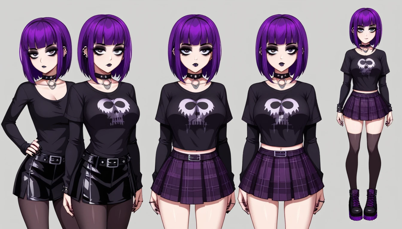 goth girl, purple hair, black spandex shorts, goth clothes, goth outfits, plaid purple skirt, black t shirt,
