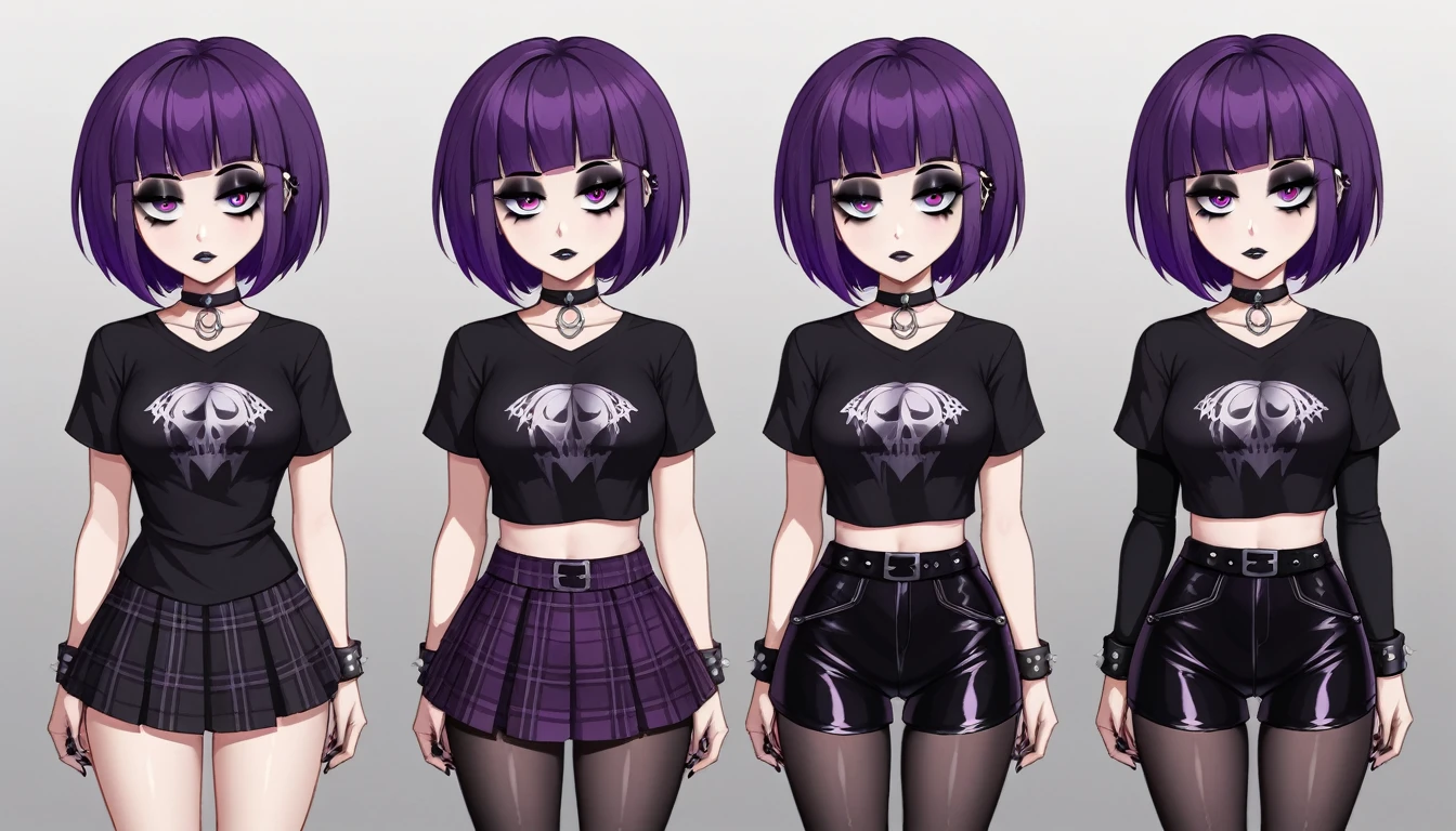 goth girl, purple hair, black spandex shorts, goth clothes, goth outfits, plaid purple skirt, black t shirt,