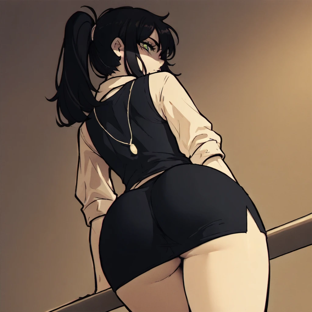), 1girl, solo, shirt, black hair, ponytail, sidelocks, green eyes, black hair, necklace, vest, collared shirt, black skirt, ass, ass focus,