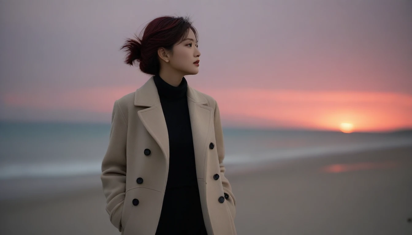 8K, 超high resolution, best quality, masterpiece, 1 woman, (36 years old:1.3), Korean woman,(wearing a long winter coat and scarf、Thin black double sided updo :1.5)、(The woman turned around with a very sad expression., 겨울 해변에서 바람에 휘날리는 short medium hair, her hair blowing in the wind:1.5)、(blurred background:1.5)、(red sky at sunset:1.5)、(complete anatomy:1.5) (full finger:1.3)、realistic、Life drawing、high resolution、beautiful details、((thin legs))、red light of sunset, light and shadow, short medium hair,1 female camera 16-35 wide angle lens, Full body shot walking on the beach, black skirt, hair that touches the shoulders, standing on the beach