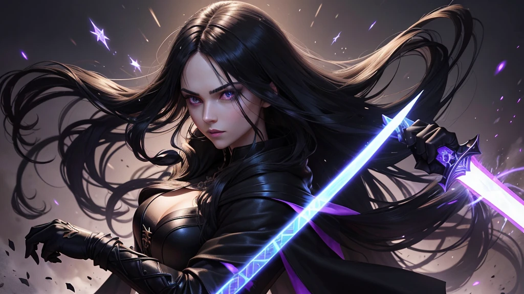 Physical characteristics: Hair: Long, shiny black, reaching to the middle of the back. I often let my hair spread out. Eyes: Deep purple, sparkling like stars on a dark night. Skin: Pale white but with a mysterious glow. Height: 170 centimeters Attire: Wears dark black robes decorated with ancient magic symbols. and wore black leather gloves weapon: Shadowblade: A long sword that glows with black light that can drain life from enemies and increase Miranda's power