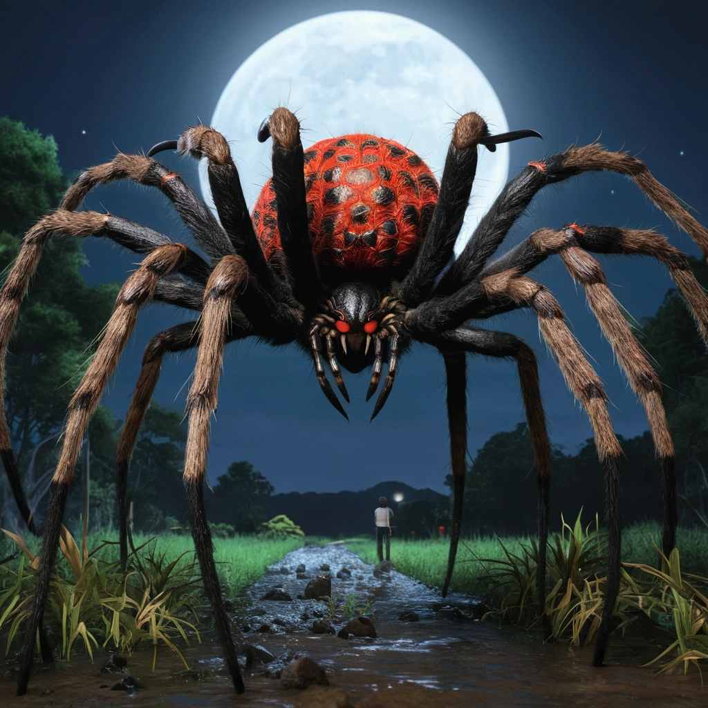 Giant hairy spider、(((Spider with a human face)))、(((Huge canines)))、((vHave horns on his head)))、(((The monster Ushi-oni)))、、Wet,slimy,Reflex muscles,Rural Japan, moon, Realistic, Very detailed, Complex,Unreal Engine,Sinomatic Lighting,Wide-angle lens, Action Shots,8K, HyperRealistic movie poster