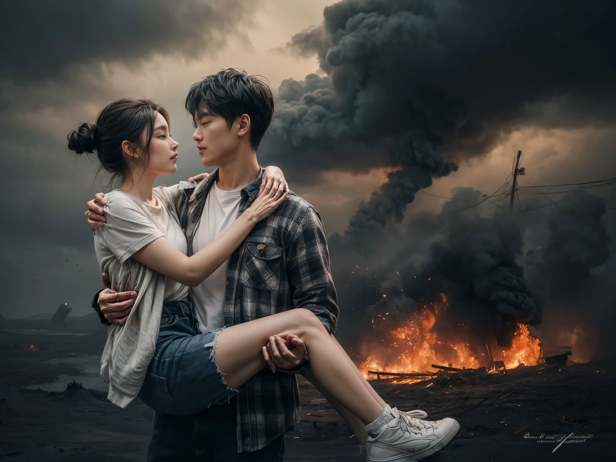 A captivating aerial portrait of a young Korean couple, one man and one woman, in a romantic and dramatic scene. The man confidently wears a flannel shirt and white T-shirt, while the woman gazes into his eyes with a mix of love and desire. They share a tender, romantic lift hug, standing tall against the backdrop of a somber and foreboding scene. Dark clouds loom overhead, and ominous structures cast dramatic shadows. A tragic event unfolds in the distance, with flickering flames of orange and red illuminating the gloomy atmosphere. The composition masterfully captures the intricate details of their attire and the intensity of their connection. The photograph exudes a cinematic quality, immortalizing a poignant and emotional moment in time.