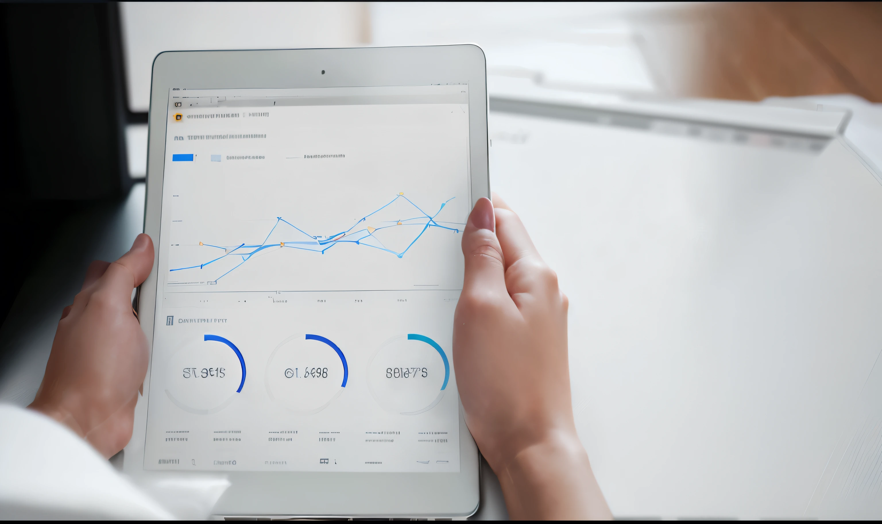 Someone is using a tablet to display a chart on the screen, Control your data, power bi dashboard, accurately depicted, Stunning images, digital screenshot, Detailed screenshots, On a dark background, detailed picture, stylized illustration, Detailed scenario, looks realistic, digitally improved, Detailed environment, Digital marketing, High-quality screenshots, Detailed and accurate, improve