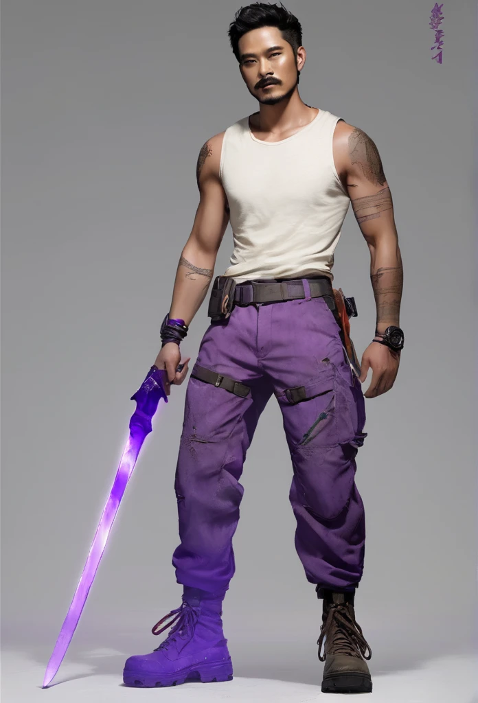  Skin color: offwhite
 muka: defined jaw, muka jovem. Bright purple right eye and scars like those on his hand. The region of this eye is also grayish.
 stubble with goatee and mustache, Wavy, neck-length brown hair with white streaks in the part where there are scars
 cos: Scrawny, slightly defined. 1,83m high.
grayish right arm up to forearm height with cracks exuding purple aura
Indeed, kor: 20 year
 Clothing from the day of the accident:
work boots, beige cargo pants, camiseta preta e máscara de pano no muka
scars on face and arm 