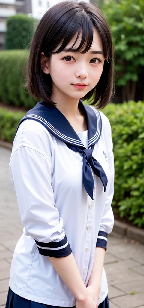 (1 nogizaka girl,15years old face,raw photo,photo realistic:1.5),(best quality, high quality,HDR, highest quality,ultra high resolution,high resolution,high res,ultra high difinition,huge file size,8K,2K wallpaper,8K wallpaper,high quality texture,amazing,an extremely delicate:1.4),one girl, Japanese famous idol,cute face,small face,absurd,ridiculous,incredibly ridiculous,blurry background,(school uniform,sailor suit,short hair,cleavage,no makeup:1.2),medium skin,beautiful skin,detailed skin,black hair,silky hair,black eyes,Japanese nose,5-fingers,(Light Particles, Lens Flare, Luminous Particles: 0.7),looking at viewer,small hands,bright lighting,professional lighting,girl