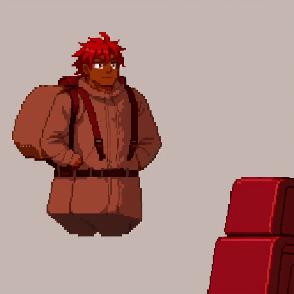 Create sprites of a red-haired, brown-skinned character with red eyes and a gray backpack on his back