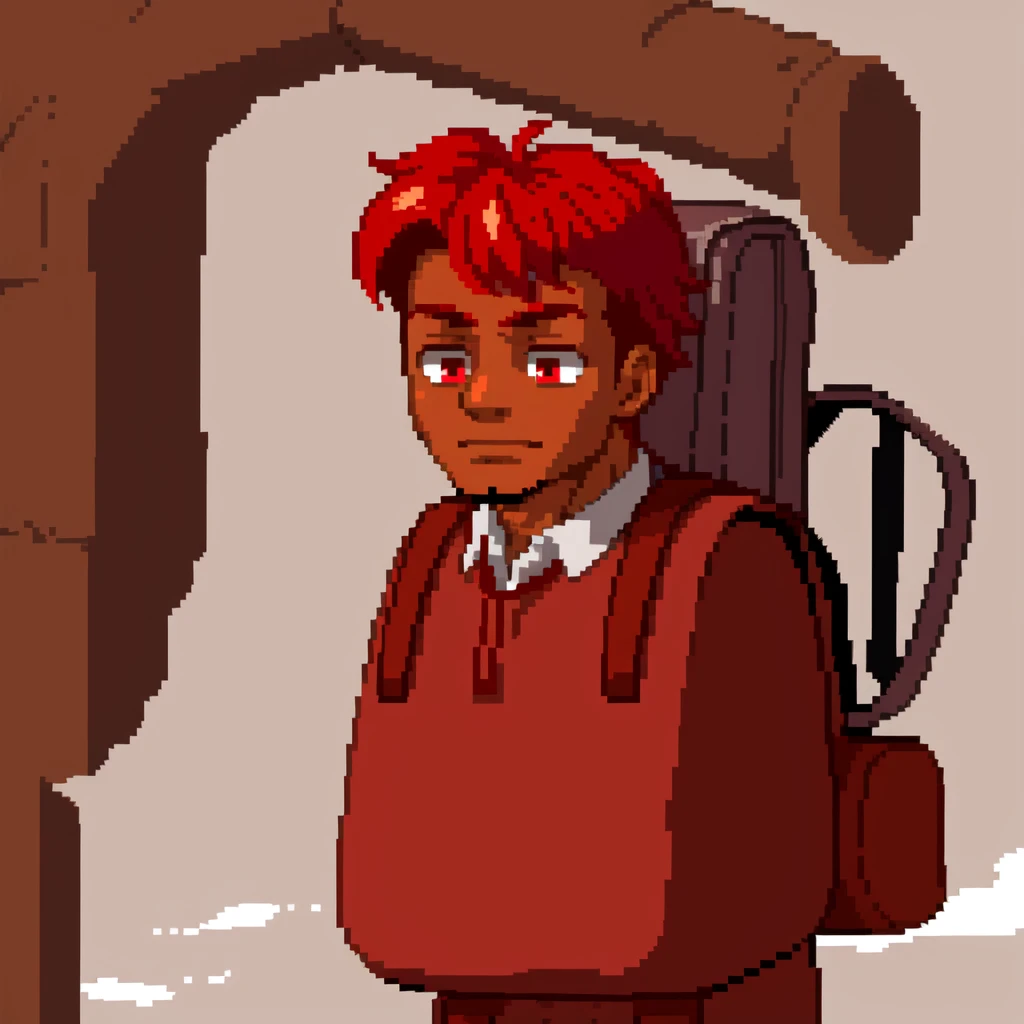 Create sprites of a red-haired, brown-skinned character with red eyes and a gray backpack on his back