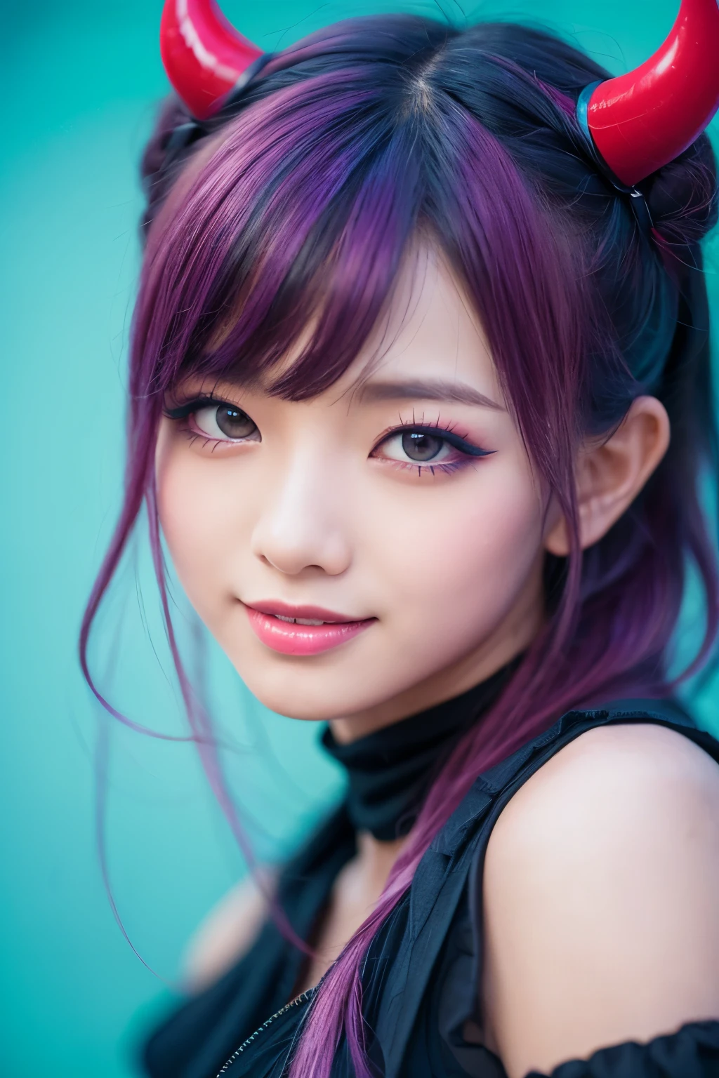 (Cosplay、Small devil、Devil)、high quality, High resolution, masterpiece, completion, detailed.impressive, Cutting-edge female photography portraits, Showcasing a bold and daring street-art style. smile、Facing forward、cyan, and purple, Her vibrant makeup really catches the eye.. Her colorful hair is tied up high, Blue and pink hues in harmony. 背景には蛍光クロムイエローand purpleの魅惑的なグラデーションが施されています, Blends seamlessly with the dynamic colors of your subject. An unforgettable image