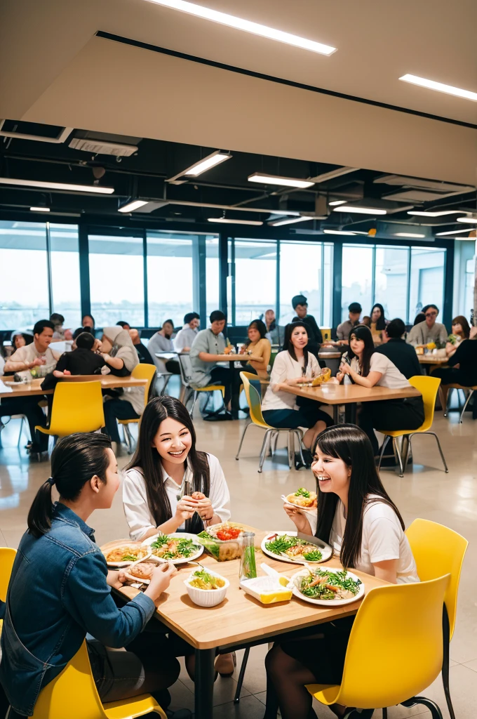 An illustration of employees happily eating lunch in the company cafeteria