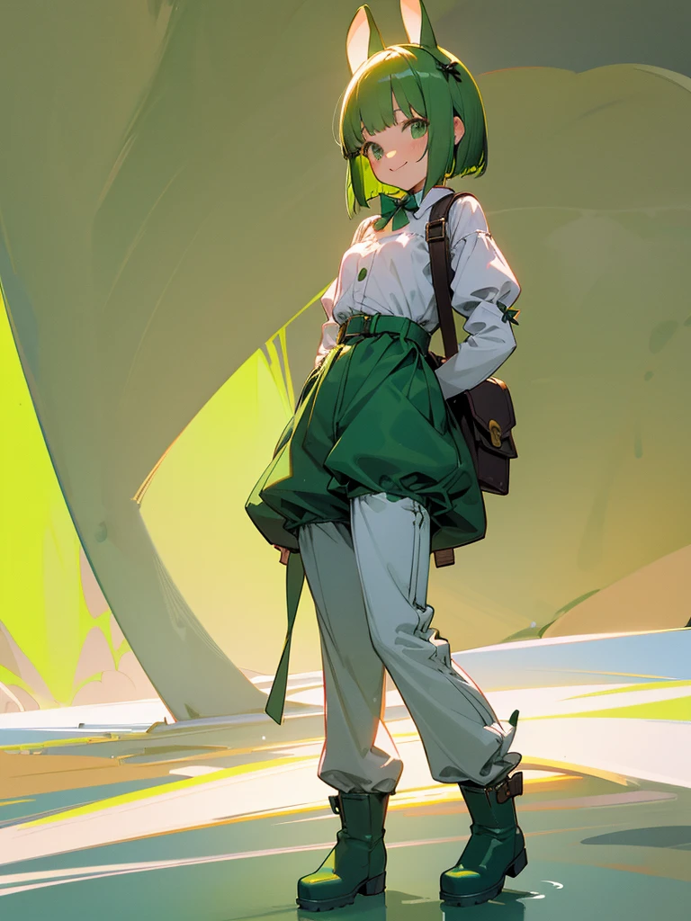 Green rabbit ears, green animal ears, a girl, bob cut, green hair, green eyes, look young, alone, short,  tiny, Lolita, childhood, smile, overall, wide pants ,belt, waist bag, waist pouch, kawaii, cute, long boots, full body shot, on the salt flat,