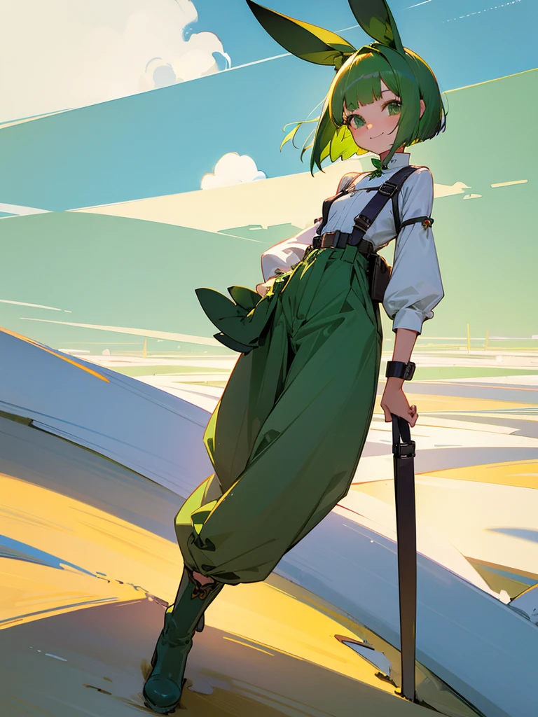 Green rabbit ears, green animal ears, a girl, bob cut, green hair, green eyes, look young, alone, short, tiny, Lolita, childhood, smile, overall, wide pants ,belt, waist bag, waist pouch, kawaii, cute, long boots, full body shot, on the salt flat,