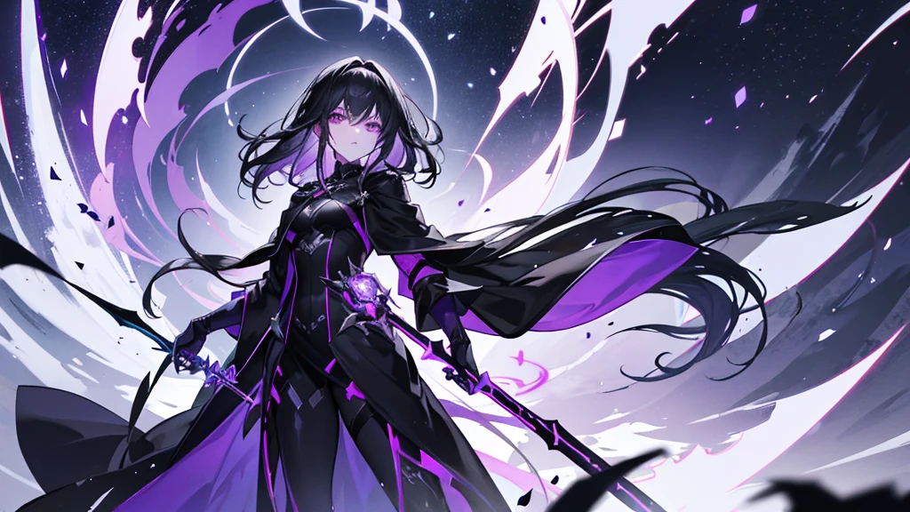 Physical characteristics: Hair: Long, shiny black, reaching to the middle of the back. I often let my hair spread out. Eyes: Deep purple, sparkling like stars on a dark night. Skin: Pale white but with a mysterious glow. Height: 170 centimeters Attire: Wears dark black robes decorated with ancient magic symbols. and wore black leather gloves weapon: Shadowblade: A long sword that glows with black light that can drain life from enemies and increase Miranda's power