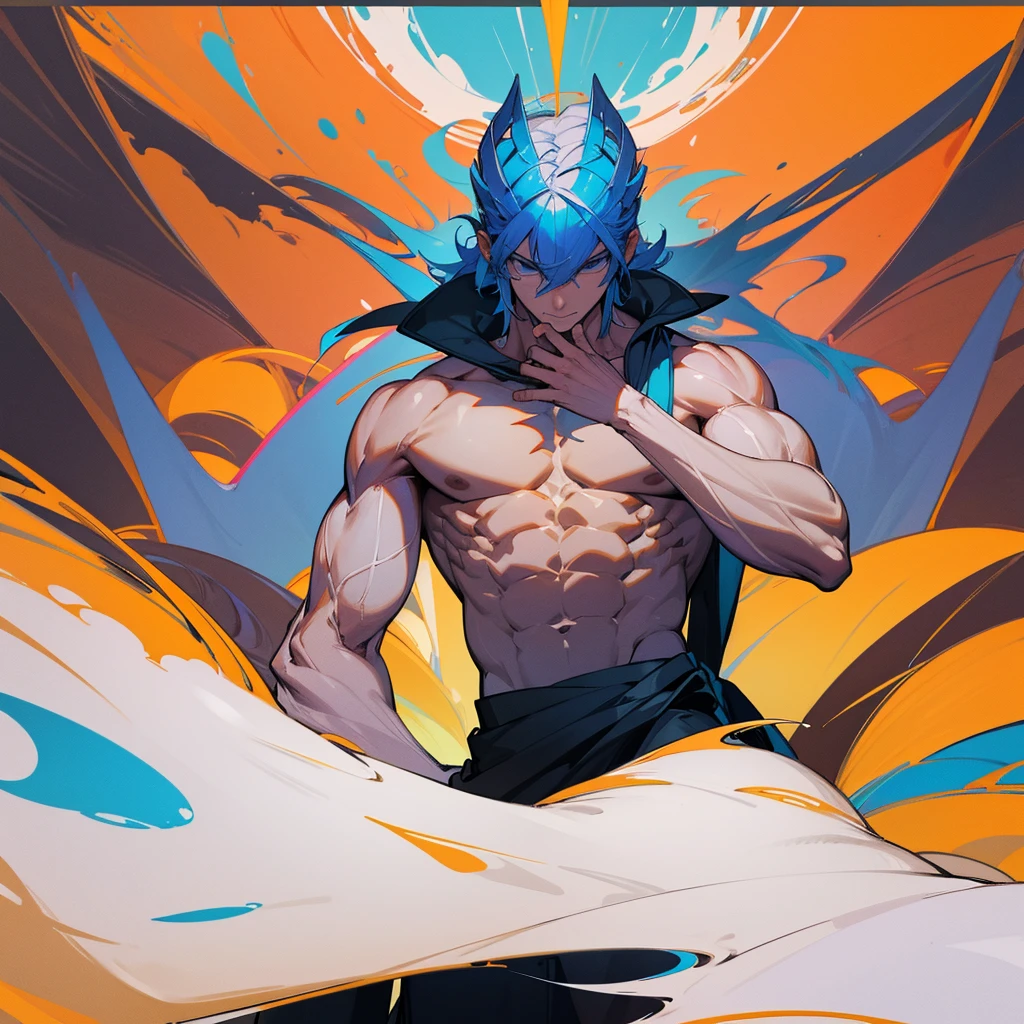 1 young boy, standing alone, hair orange, shorth hair, mask on head, red mask, mask, simple red earrings, blue colored eyes, detail, super detailed skin, stare, half gloves, Look at you, Gray pants, shirtless work of art, best qualityer,Muscle, へそ,, work of art, best qualityer,simple lines,simple shadows