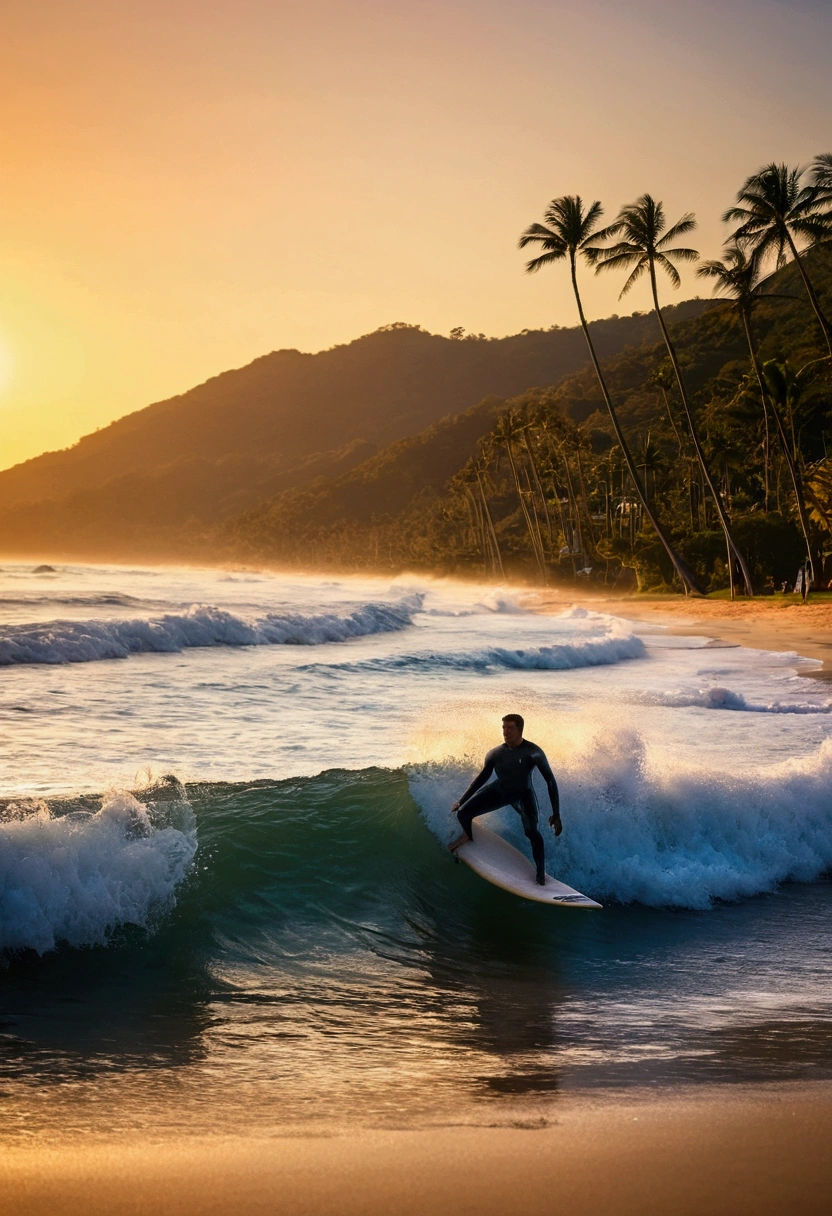 Located on Maresias Beach in Brazil、At dusk、Surfing、1 person、male、Riding the wave、Palm Tree